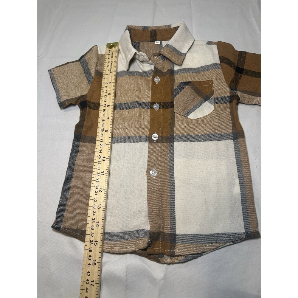 Boys Plaid Button Up Shirt Size 2T Brown Beige Short Sleeve Pocket Casual Trendy - Picture 3 of 7